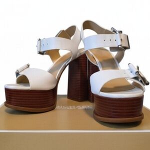 Michael Kors Platform Sandals White Leather Chunky Heel | Buckle Strap Heels